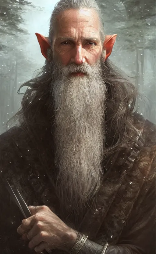 Prompt: Portrait of an elf in his 50s with a long beard and monacle, male, detailed face, fantasy, highly detailed, cinematic lighting, digital art painting by greg rutkowski