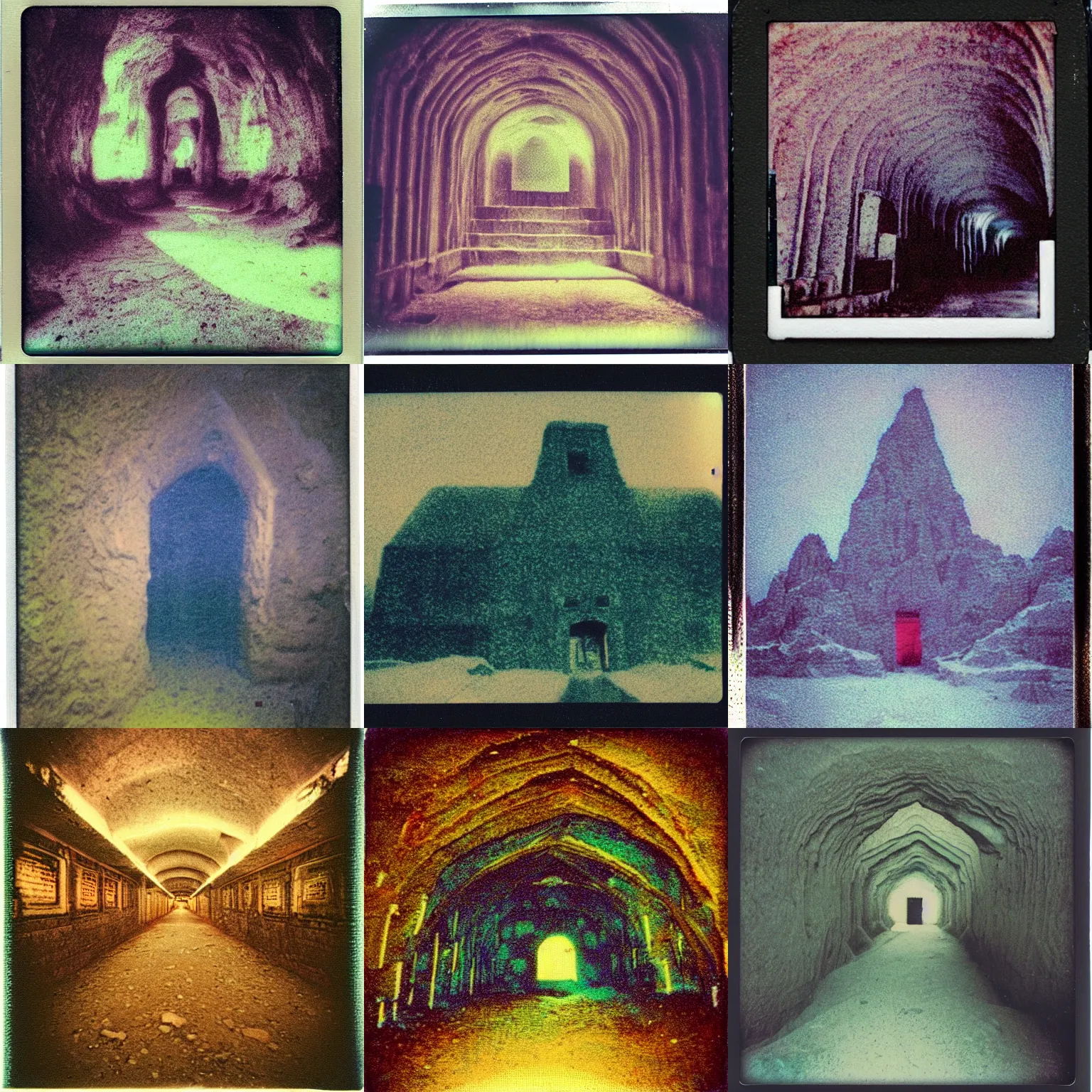 Prompt: instax polaroid film photo of the underground cave polish salt cathedrals, nostalgia, faded glow, expired film analog photography, saturated pointillism