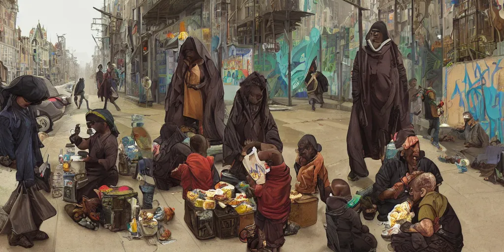 Image similar to street view photograph of reverend kim kardashian giving food rations to climate change migrants, graffiti art style, highly detailed, digital painting, artstation, concept art, dystopian, sharp focus, brutalist illustration, art by greg rutkowski and alphonse mucha, 8 k