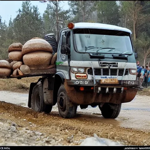 Image similar to dwarf trucker carries mushrooms on a Kamaz truck