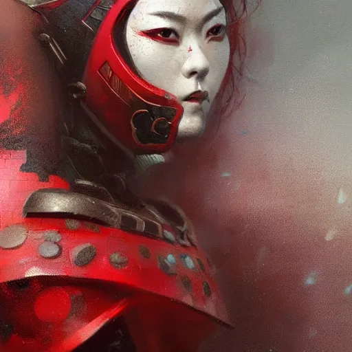 Prompt: Female samurai in red kabuto armor, by greg rutkowski and thomas kinkade, Trending on artstation 4K.