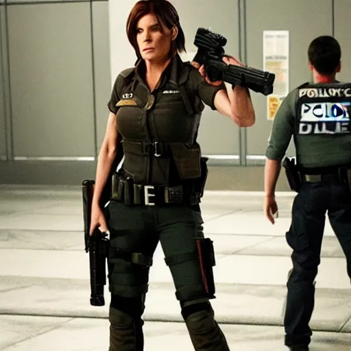 Image similar to Sandra bullock as Claire redfield in resident evil 2, police station, tactical gear