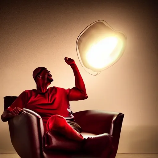 Prompt: A red man sitting on a leather reclining chair laughing at a TV. Cinematic lighting, dream like.