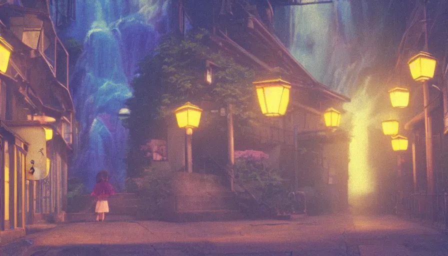 Prompt: A film still from a 1990s Sailor Moon cartoon featuring a moody street in Japan with a waterfall and lanterns, lofi aesthetic, golden hour, cinematic look, film grain, high detail, high resolution, 8k