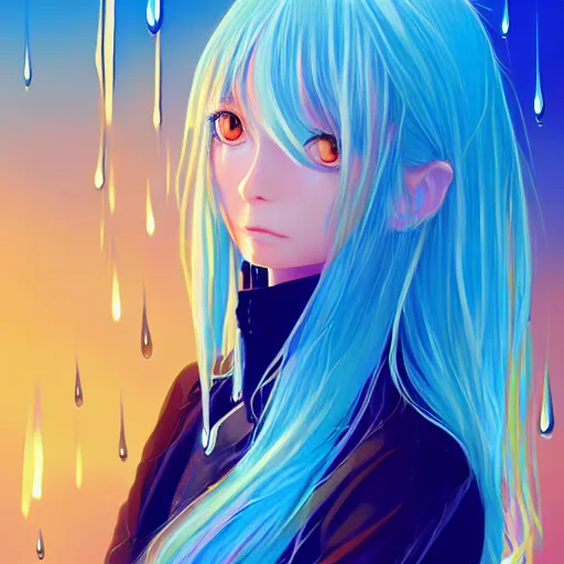 Image similar to water dripping on rimuru tempest, heavenly ripples, sky blue straight hair, bangs, with amber eyes, black jacket, high collar, ultra detailed, euphoric, masterpiece, digital painting, psychedelic, cinematic, wlop, pixiv, swirly, ilya kuvshinov, ross tran, color block