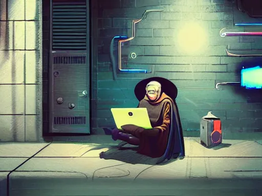 Prompt: a techno wizard grandma sitting in a cyberpunk alley with a laptop in the style of Greg Rutowski , artstation, detailed, cinematic