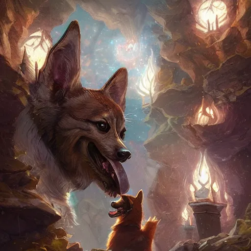 Prompt: a corgi thaumaturgist, d & d character art, extremely detailed, hyperrealistic, arcane trinkets, mystical aura, glowing, beautiful digital illustration, greg rutkowski