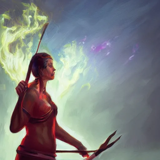 Prompt: a woman holding a spear watching a house on fire, digital art, oil on canvas, trending on Artstation, award-winning