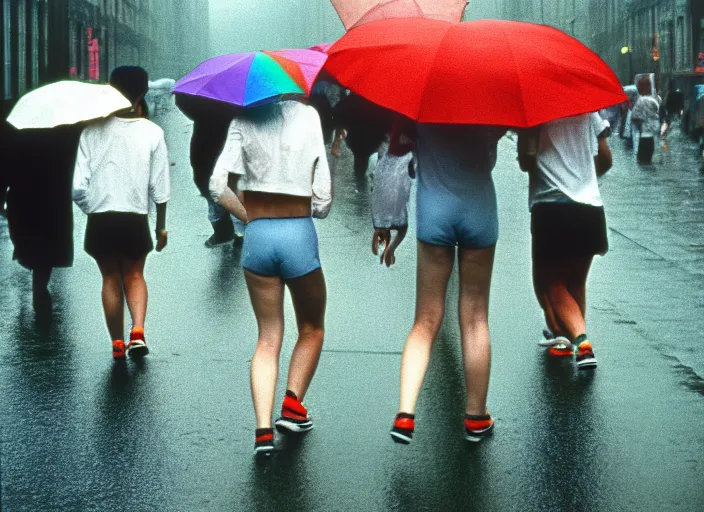 Image similar to realistic photo portrait of a crowd of people wearing white shorts, cone heads, walking on the street, grey sky with rainbow and rain 1 9 9 0, life magazine reportage photo, natural colors