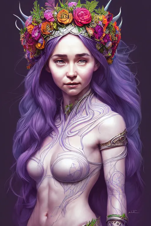 Image similar to digital art, centered full body elven bride with the face of emilia clark, vivid flower crown ,intricate, veins, by James Jean and by artgerm, by ross tran , ultradetailed, charachter design, concept art, trending on artstation,