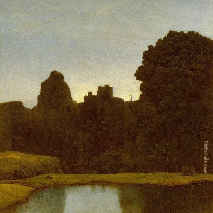 Image similar to a building in a serene landscape, by caspar david friedrich