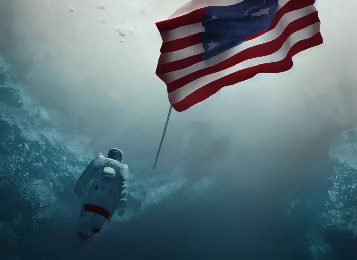 Image similar to dramatic photo of an astronaut underwater putting a flag on the bottom of the ocean. in the background, a submarine is visible. dark, concept art, cinematic, dramatic, blender, photorealistic, octane render, 8 k, volumetric lighting, dim lighting, trending on artstation