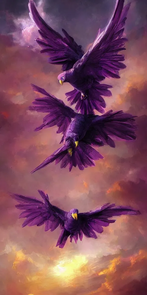 Image similar to a painting of a purple parrot flying through the sky, poster art by raymond swanland, deviantart, fantasy art, christian, deviantart, mystical