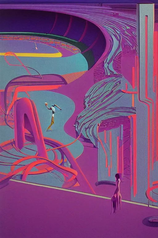 Image similar to 8 0 s art deco desert road swimmingpool, cinematic dramatic cyberpunk textural fluid lines purple, pink, blue, green. otherworldly vaporwave interesting details fantasy lut epic composition by basquiat zdzisław beksinski james jean artgerm rutkowski moebius francis bacon gustav klimt