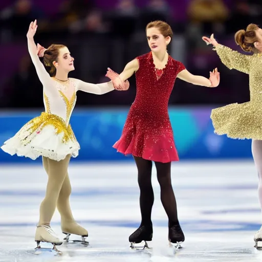 Prompt: a photo of two girls and emma watson won the gold medal of figure skating, highly detailed, cinematic lighting