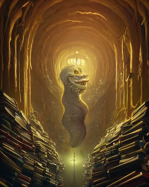 Image similar to highly detailed surreal vfx portrait of a creepy monster in a catacomb of books, stephen bliss, unreal engine, greg rutkowski, loish, rhads, beeple, makoto shinkai and lois van baarle, ilya kuvshinov, rossdraws, tom bagshaw, alphonse mucha, global illumination, detailed and intricate environment