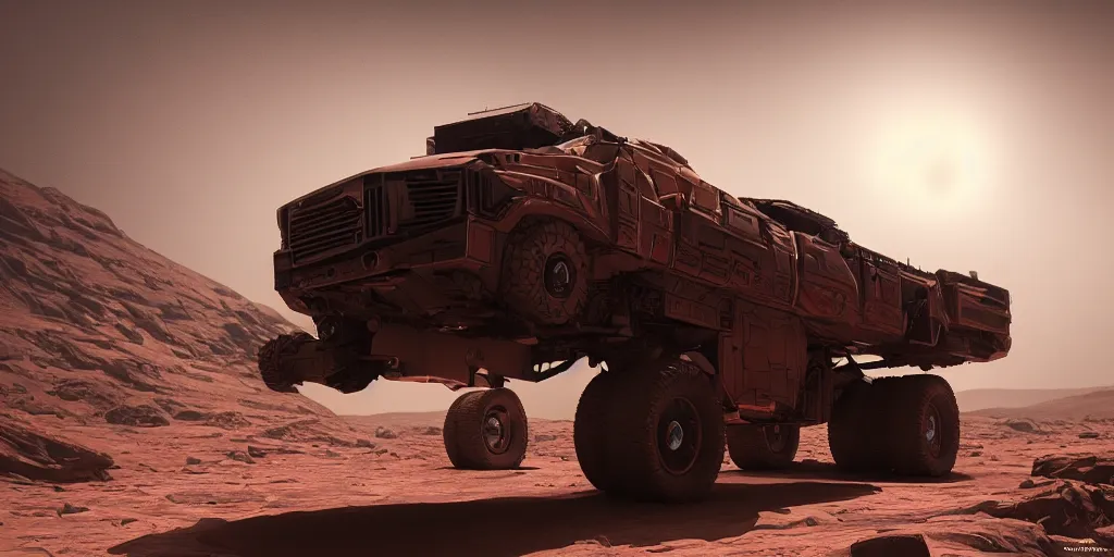 Image similar to cybertruck on mars 3 d concept art, cinematic lighting, intricate details, octane rendering, trending on artstation, featured on behance,