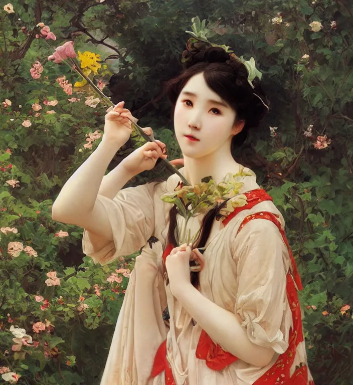 Image similar to IU, Korean Idol, Korean Artist, very detailed, digital art, concept art, studio quality, ethereal, art style by Edmund Bliar Leighton and J. C. Leyendecker and Alphonse Mucha