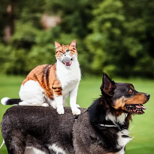 Prompt: a smiling dog sitting on top of a cat, professional photography