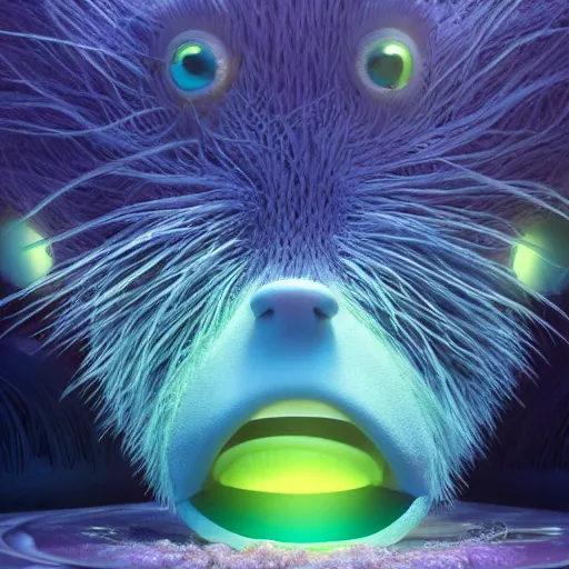 Prompt: yak, expressive eyes, floating, rbc, radiolaria, protophyta, micro - organisms, center frame, symmetric, rim light, marine microbiology, bioluminescence, electric, fur, soft, concept art, intricate details, highly detailed, colorful, photorealistic, disney pixar, octane render, iridescent, anime