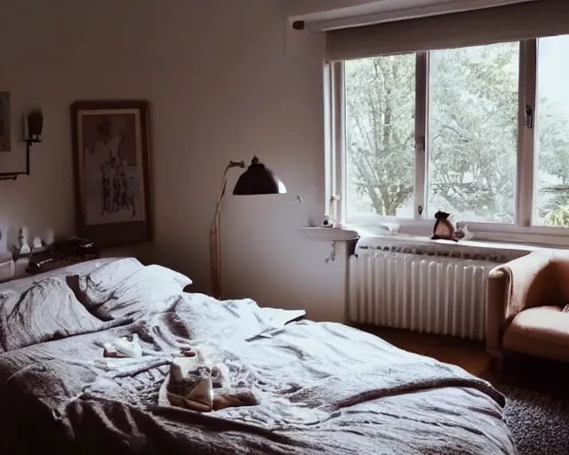 Prompt: Cosy bedroom, dimly lit by sunlight from the windows, cosy, relaxing