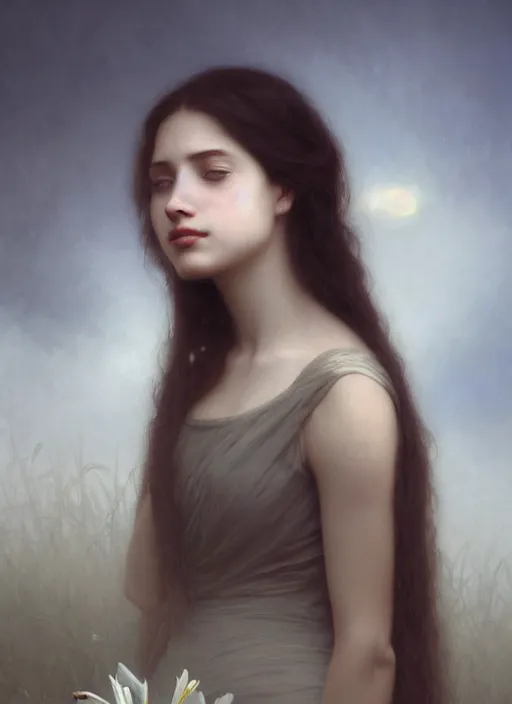 Image similar to oil painting close up portrait of a contemplative young woman with long dark flowing hair in a black dress, surrounded by white lilies!! at sunset, hazy, digital art, chiaroscuro, artstation, cinematic, golden hour, digital art painting by greg rutkowski, william - adolphe bouguereau, hazy atmosphere, cinematic lighting