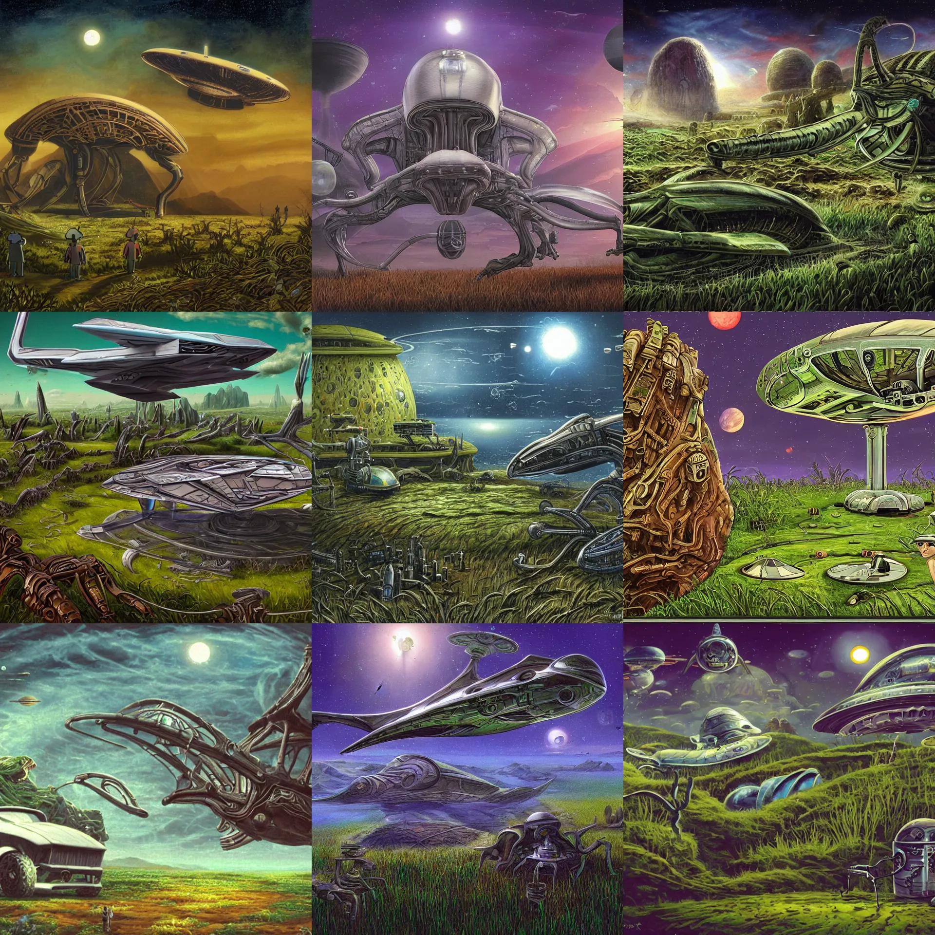 Prompt: next to a small fighter spacecraft, on an alien grassland, from a space themed point and click 2 d graphic adventure game, set design inspired slightly by hg giger, art inspired by thomas kinkade