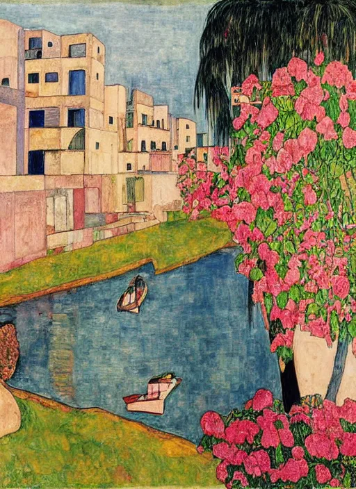 Image similar to ahwaz city in iran with a big arch bridge on local river, 2 number house near a lot of palm trees and bougainvillea, hot with shining sun, painting by egon schiele