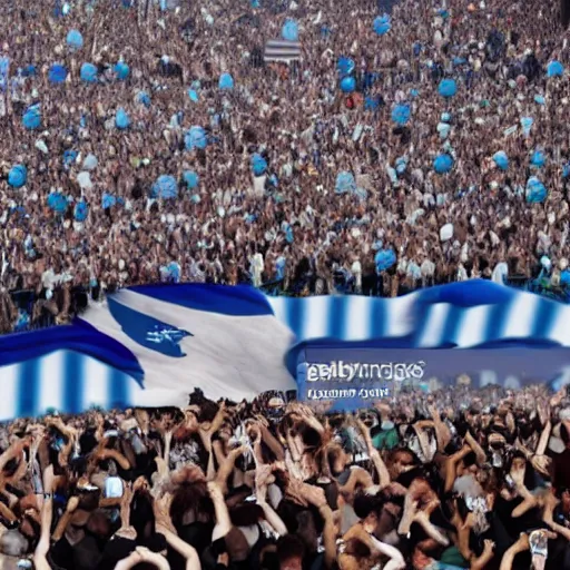 Image similar to Lady Gaga as president, Argentina presidential rally, Argentine flags behind, bokeh, giving a speech, detailed face, Argentina