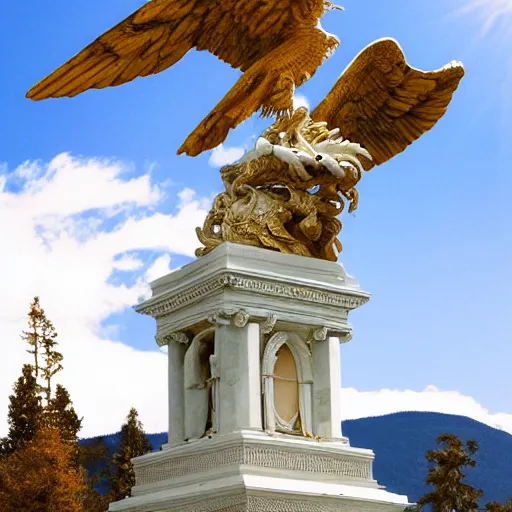 Image similar to thus spoke zarathustra, serpent and eagle, statue, by michaelangelo, by bernini, gold accents, white marble, sunshine, mountaintop, snow, highly detailed,