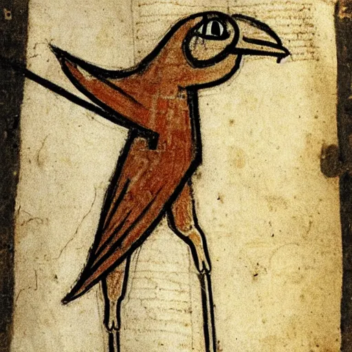 Image similar to medieval sketch of an exhausted anthropomorphic bird