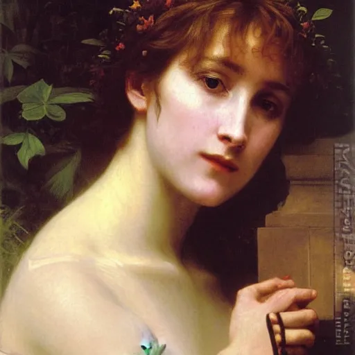 Image similar to Emma Thompson as Ophelia in Hamlet, detailed oil painting by William Adolphe Bouguereau