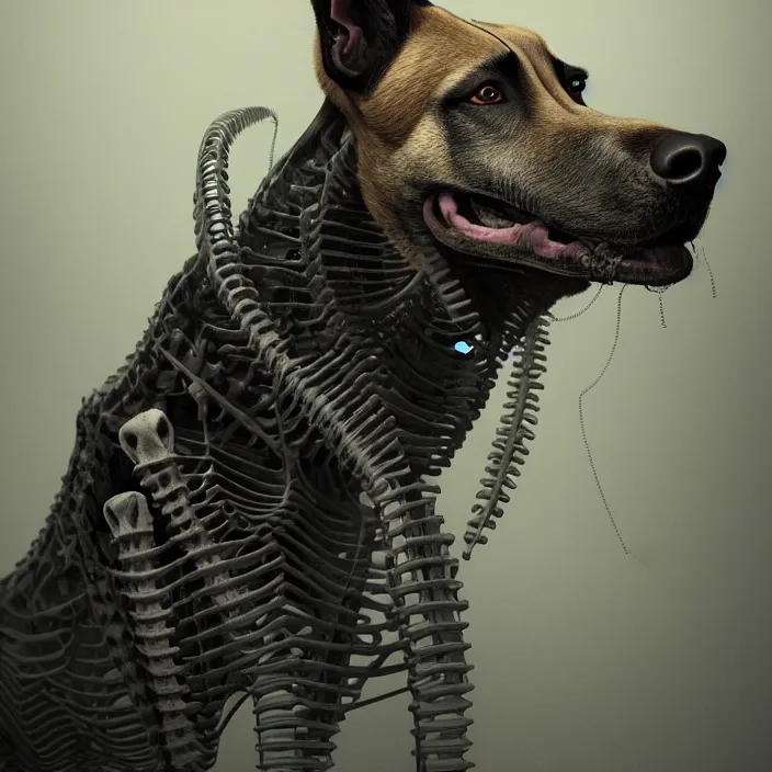 Prompt: portrait of Malinois as skeleton. intricate abstract. intricate artwork. by Tooth Wu, wlop, beeple, dan mumford. octane render, trending on artstation, greg rutkowski, very coherent symmetrical artwork. cinematic, hyper realism, high detail, octane render, 8k, iridescent accents, deep blacks