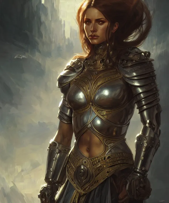 Image similar to Muscular and powerful medieval knight woman portrait, sci-fi, amber eyes, face, long hair, fantasy, intricate, elegant, highly detailed, digital painting, artstation, concept art, smooth, sharp focus, illustration, art by artgerm and greg rutkowski and alphonse mucha