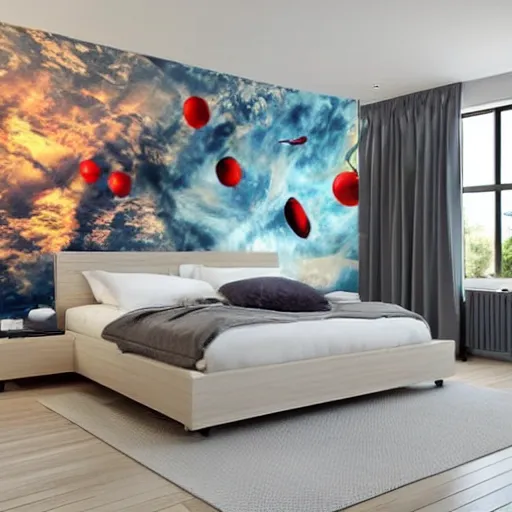 Image similar to a bedroom decorated with wall murals painted by bosch, 4 k