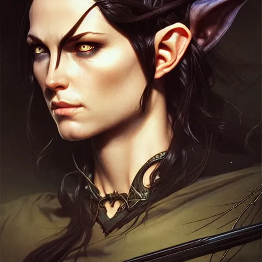 Image similar to portrait of a elven ranger, dark, piercing eyes, gentle expression, witchy clothing, photorealistic, highly detailed, artstation, smooth, sharp focus, art by michael whelan, artgerm, greg rutkowski and alphonse mucha