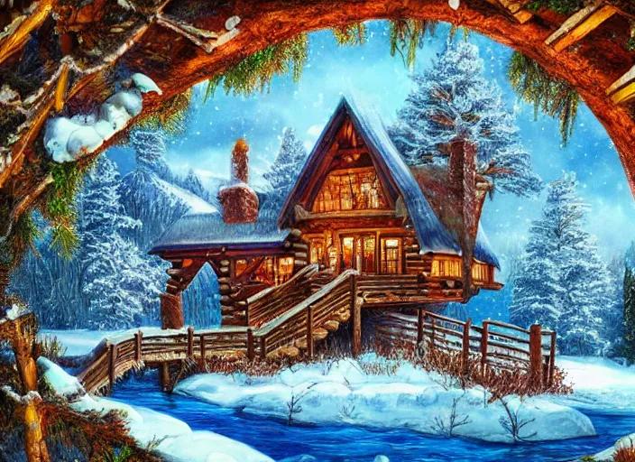 Prompt: beautiful cabin on a lake in the winter, 8 k, matte painting, in the style of artist, josephine wall