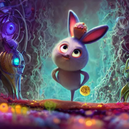 Image similar to tiny hades, expressive eyes, floating, rbc, radiolaria, bunny, protophyta, micro - organisms, center frame, symmetric, rim light, marine microbiology, bioluminescence, electric, fur, soft, concept art, intricate details, highly detailed, colorful, photorealistic, disney pixar, octane render, iridescent, anime