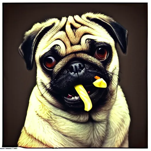 Image similar to pug with a rolled up spliff in its mouth with smoke, photo realistic, dslr camera