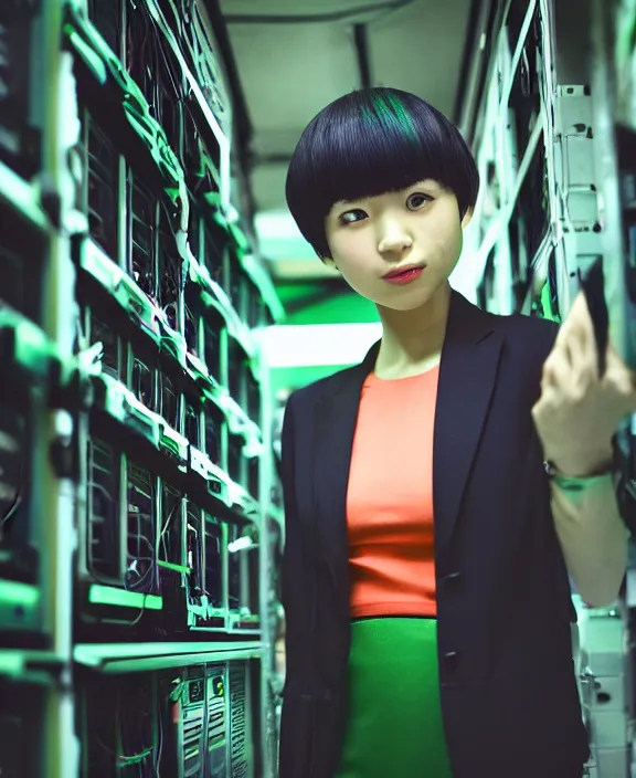 Image similar to asian girl, bobbed and bowl cut hair, pine green hair color, standing in a server room, wearing business casual dress, 4 k, vaporwave, cinecolor, perfect detail