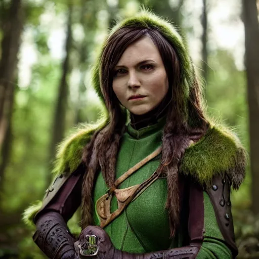 Prompt: anya charlota as a medieval fantasy wood elf, dark brown hair tucked behind ears, wearing a green tunic with a fur lined collar and brown leather armor, stocky, muscular build, scar across nose, one black, scaled arm, cinematic, character art, digital art, forest background, realistic. 4 k