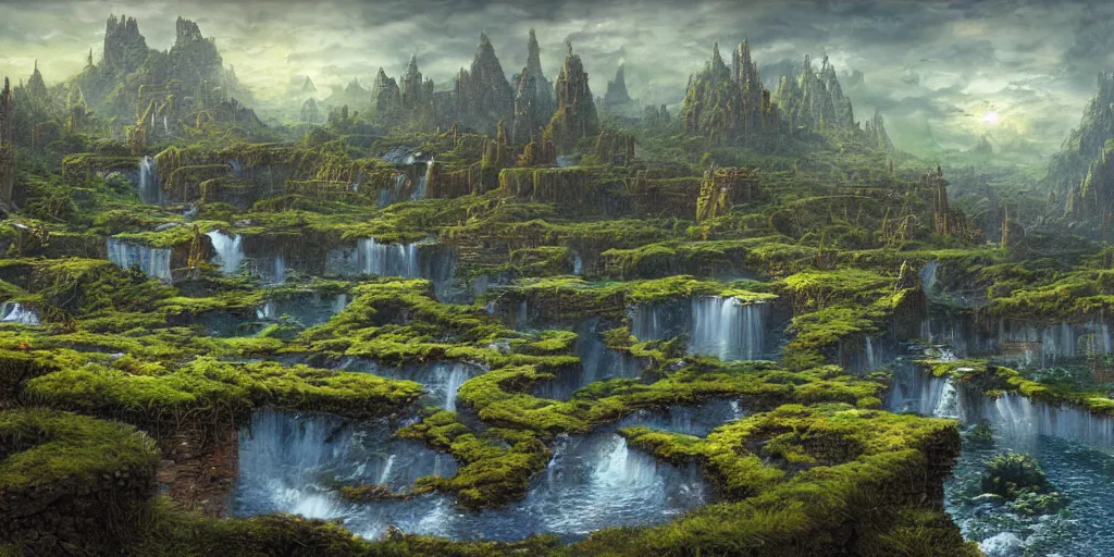 Image similar to Fantastical open landscape by Ted Nasmith, elven city, city, city, pools of magical water, digital painting, concept art, landscape