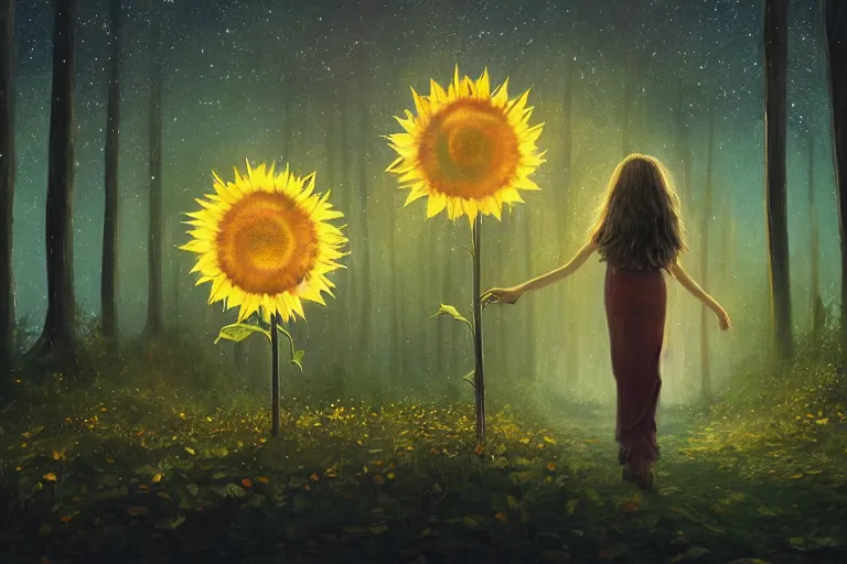 Image similar to giant sunflower head, girl walking in a moonlit forest, hills, surreal photography, dark night, star trails, dramatic light, impressionist painting, clouds, digital painting, artstation, simon stalenhag