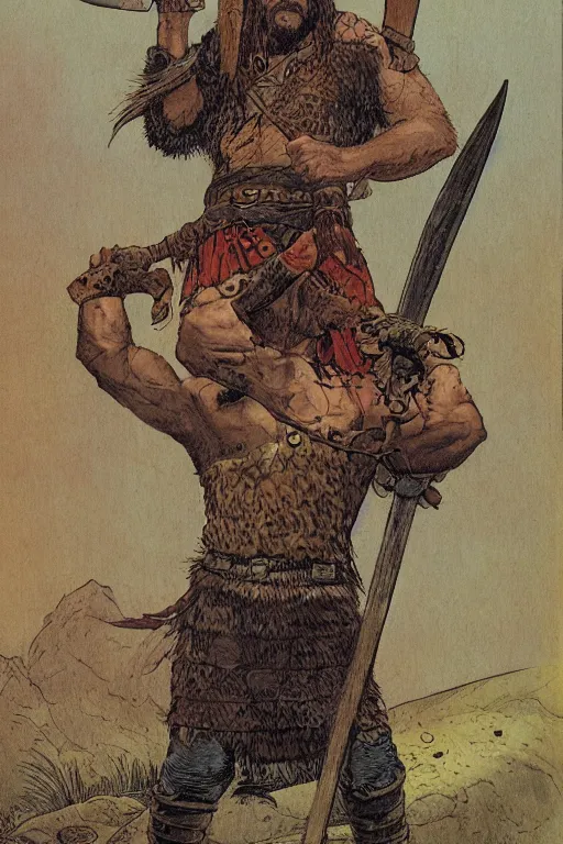 Prompt: portrait of a viking berserker holding is axe over his shoulder, pelt leather clothing by Moebius