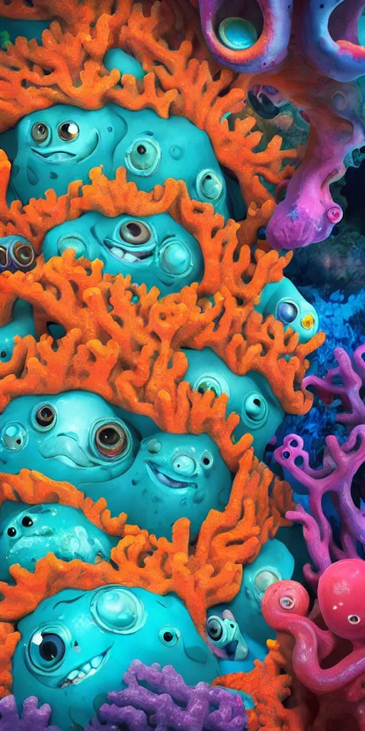 Image similar to of a colorful deep sea cave with strange cute friendly happy creatures with huge eyes, mouth, long tongue and round teeth appearing from sandy coral, in the style of gehry and gaudi, macro lens, shallow depth of field, ultra detailed, digital painting, trending artstation, concept art, illustration, cinematic lighting, photorealism, epic, octane render