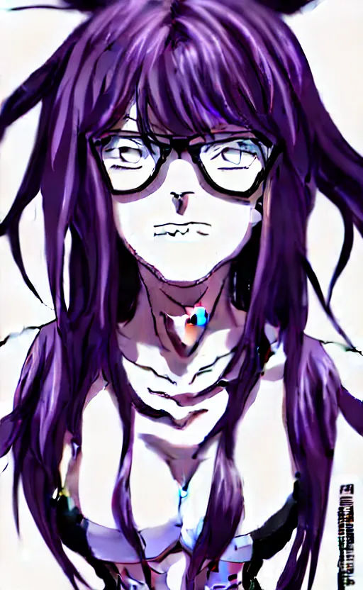 Image similar to style of madhouse studio anime, black lagoon manga, loish, artgerm, comic art, portrait of revy from black lagoon, symmetrical eyes and symmetrical face, jean shorts, white tank top, purple hair, sarcastic evil smirk on face, sky and ocean background