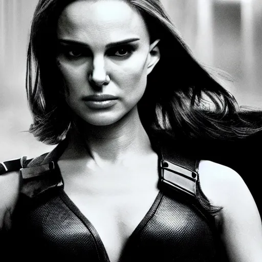 Image similar to Natalie Portman as Natasha Romanoff (The Black Widow), dramatic cinematic portrait, rain