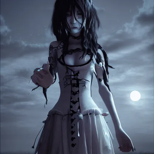 Image similar to full shot portrait of angry darkness anime girl at moonlight, gothic wearing, inspired by Tim Burton, detailed, unreal engine 4k volumetric light, fog,