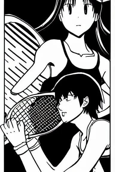 Image similar to slim girl playing tennis, black and white artwork in manga style, made by kentaro miura