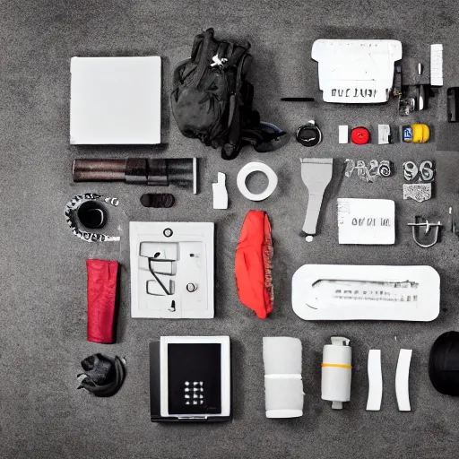 Prompt: Knolling of an effective survival kit for the zombie apocalypse | flat lay photography | neutral background | shot with a tripod | focal lenght 50.0mm | aperture f/11 | 1/30s shutter speed | ISO100